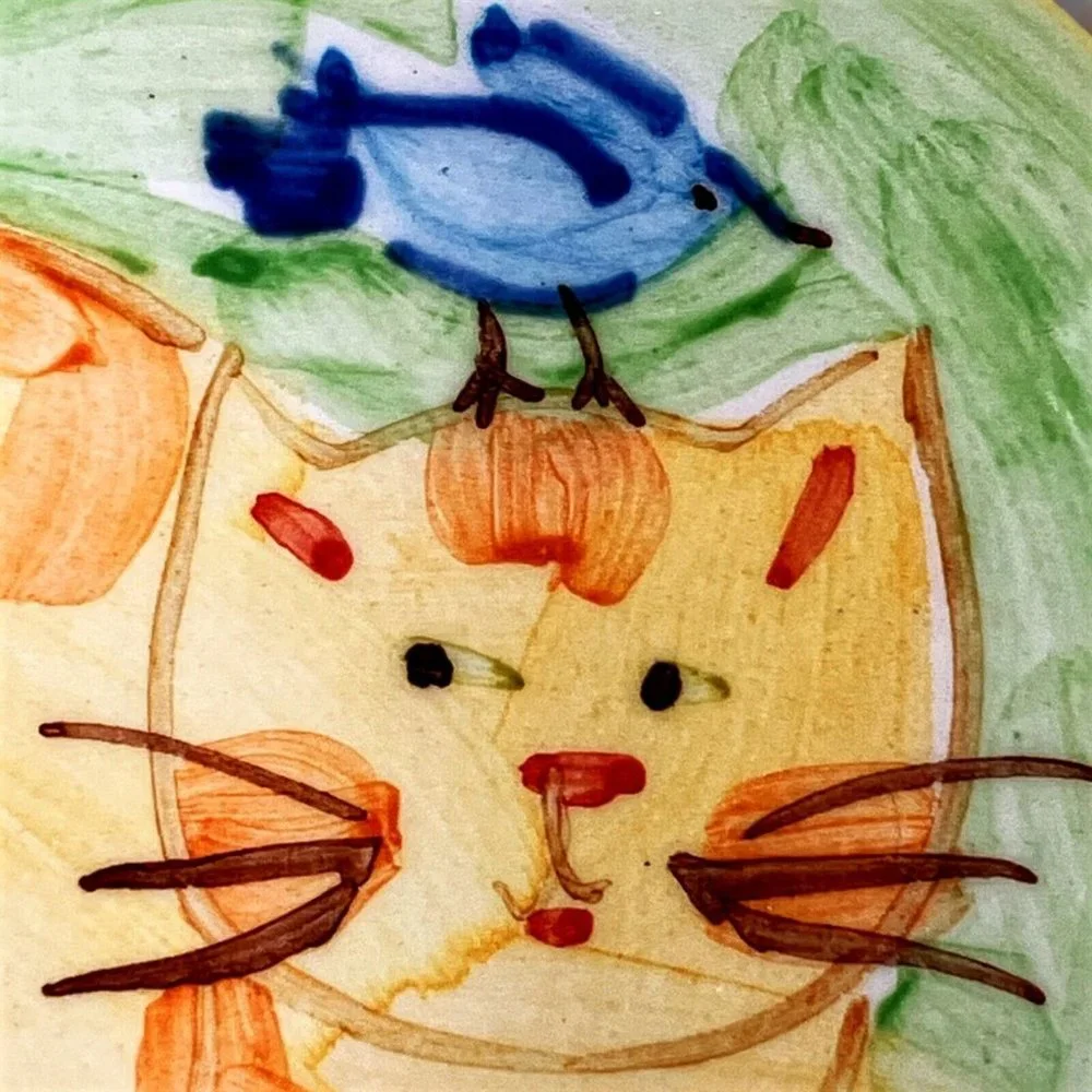 VTG Ceramic Kitty Cat Feeding Bowl/Dish Hand Painted Tabby & Bird Super Cute